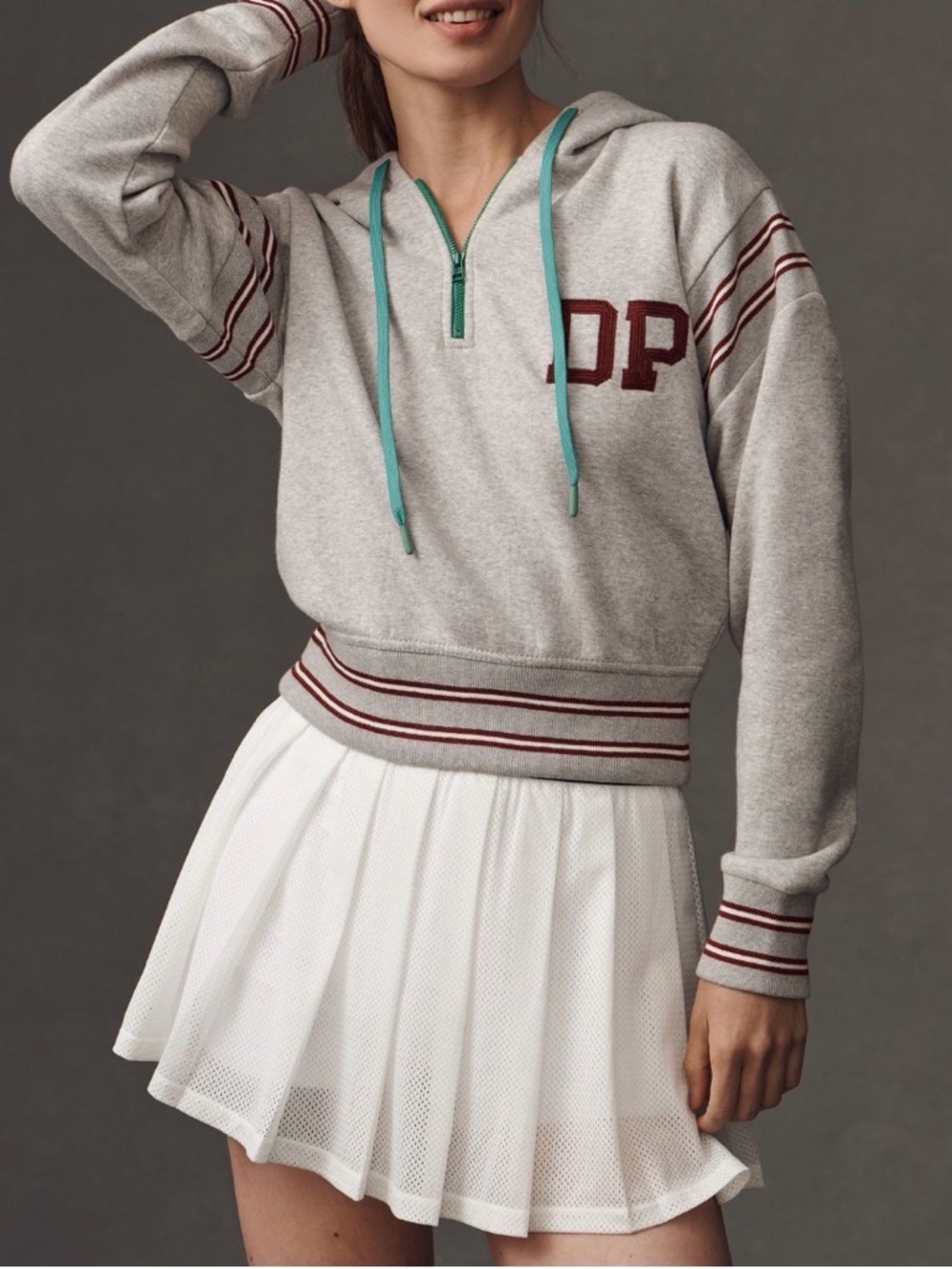 Gray Half-Zip Hooded Sweatshirt with Maroon Stripes